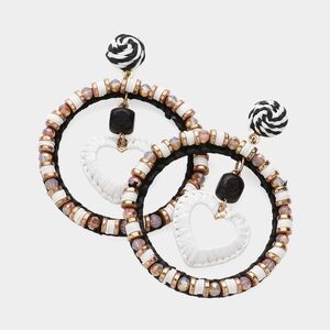 Black & White Straw Heart Heishi Beaded Dangle Pendant Open Circle Hoop Earrings